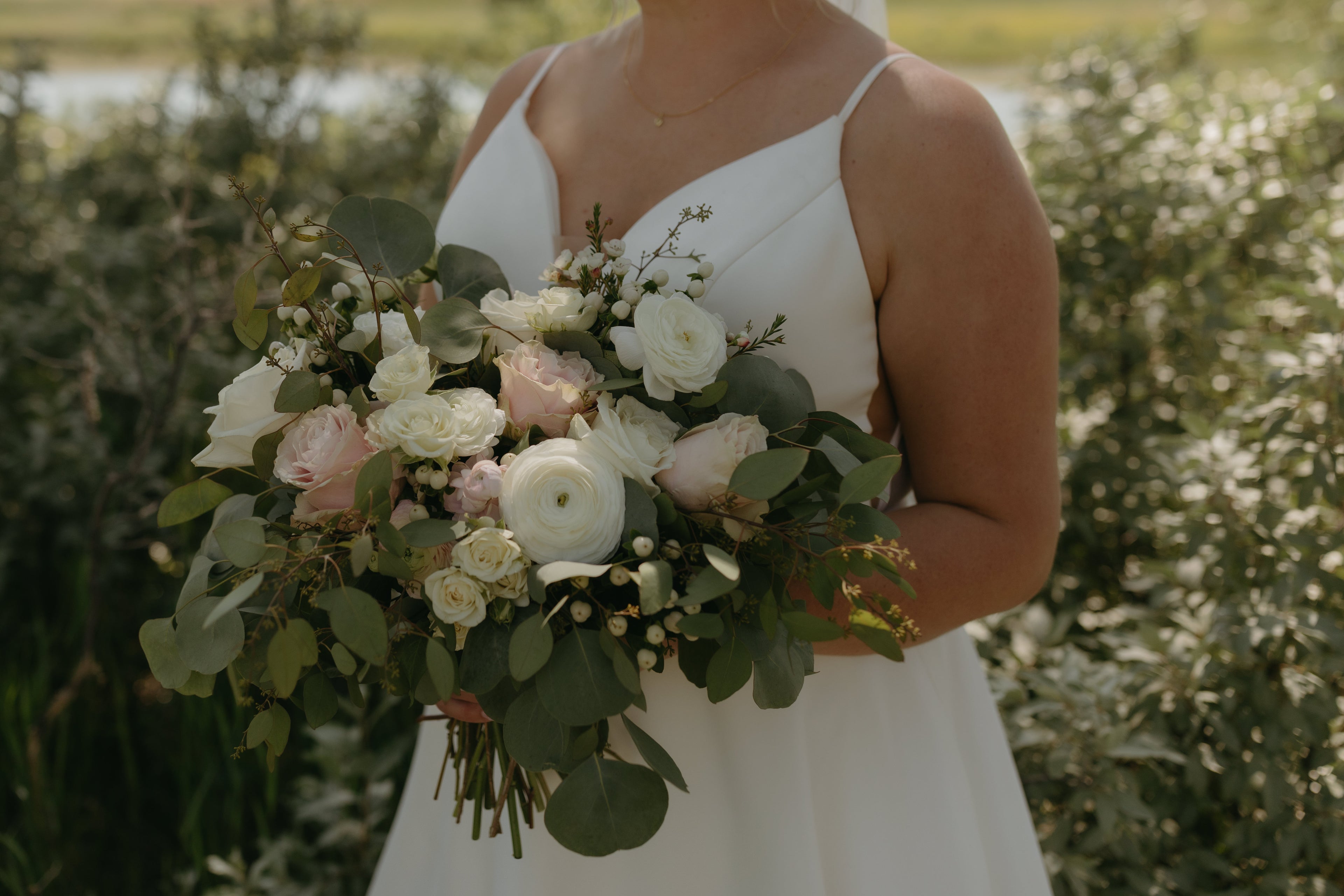Lethbridge Wedding Flowersbridal bouquet white and soft pink with eucalyptus summer wedding