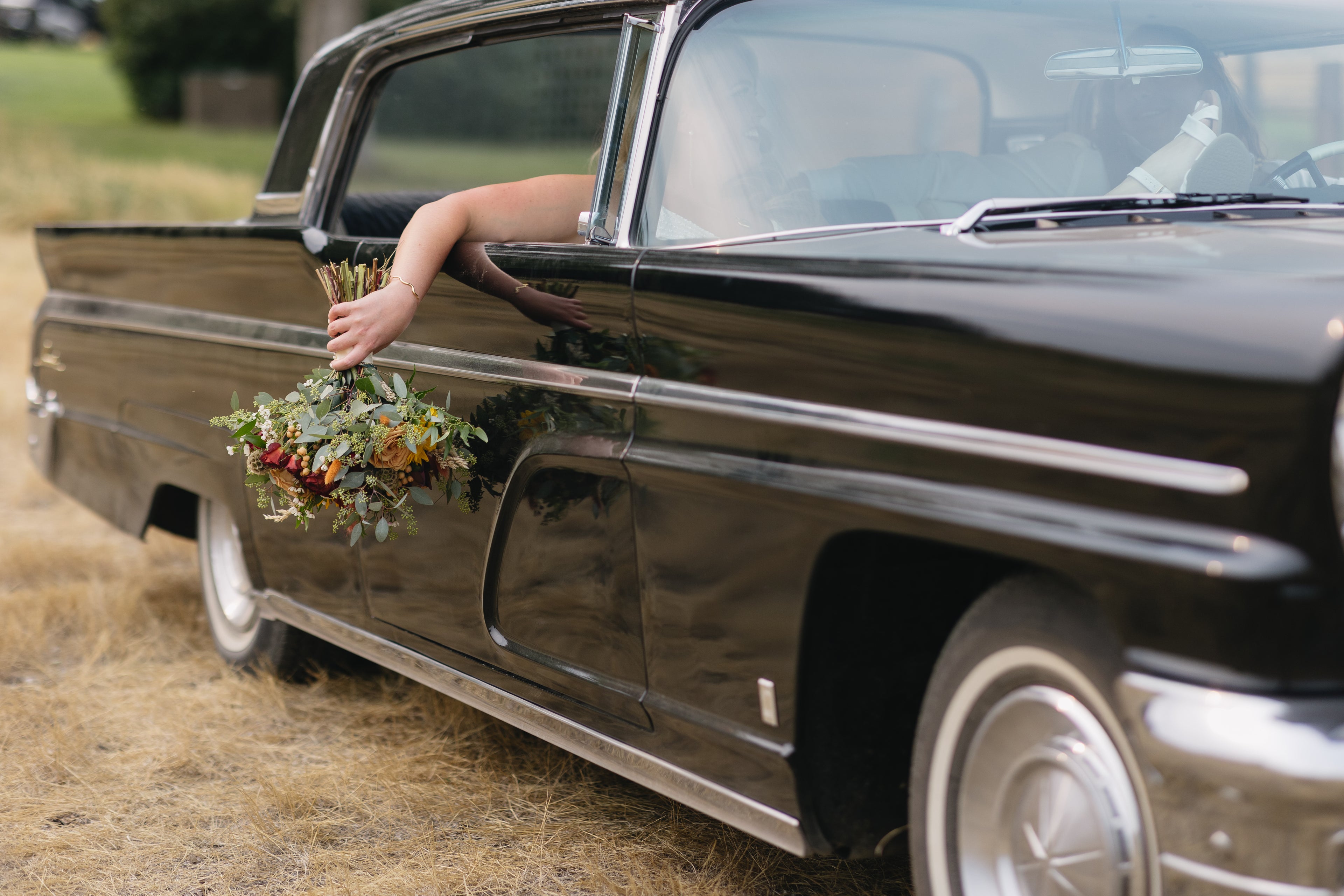 Lethbridge Wedding bridal bouquet out car window fall colors