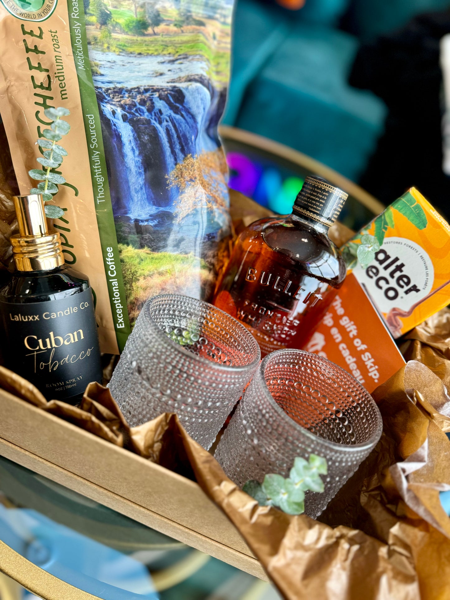 Lethbridge gift box rugged coffee whisky chocolate skip the dishes tumbler glasses room spray 